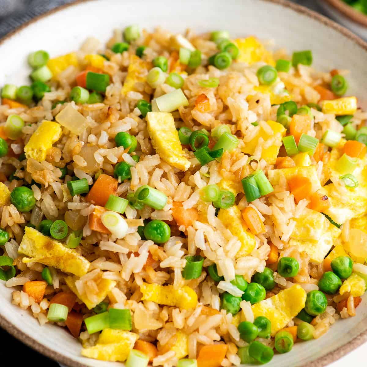 up close front view of homemade fried rice in a bowl