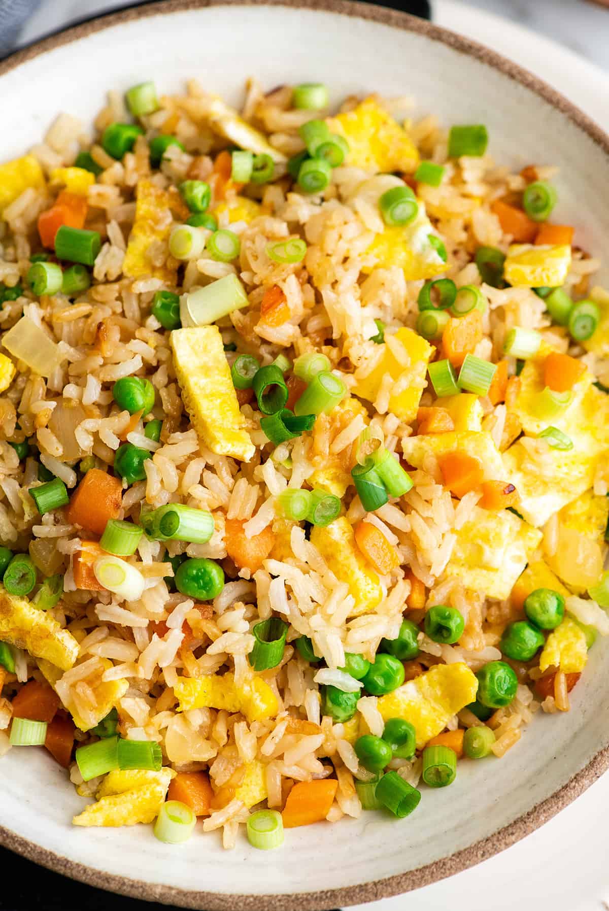 up close overhead view of homemade fried rice in a bowl