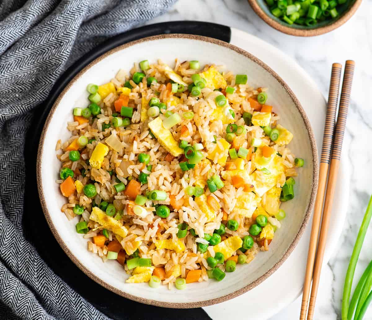 overhead photo of a bowl of homemade fried rice