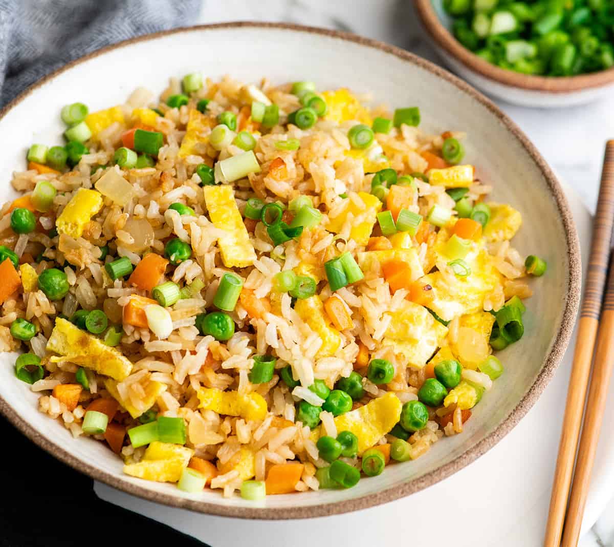 front view of a bowl of homemade fried rice