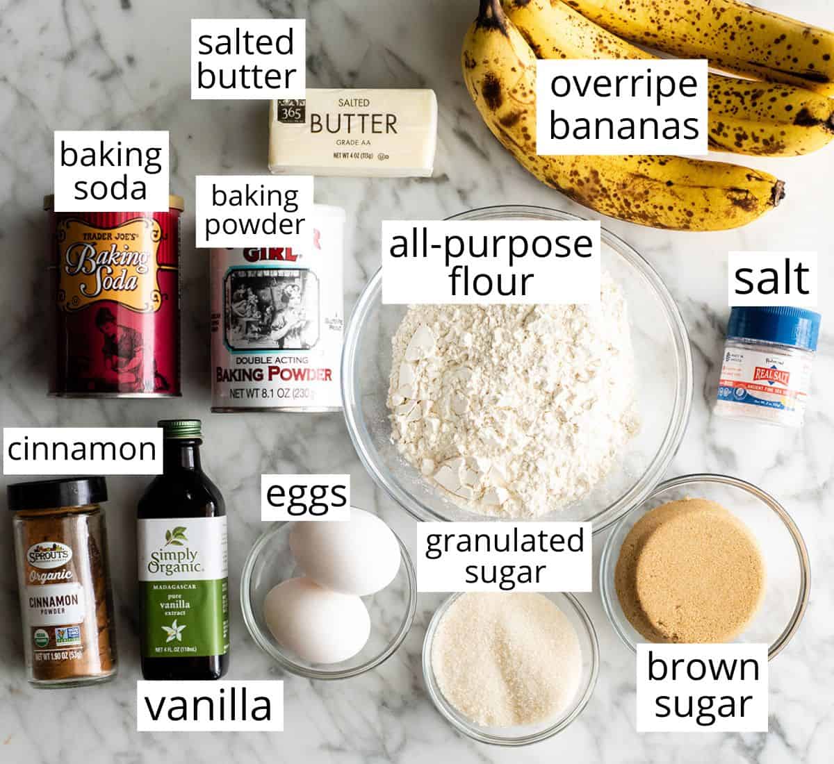 overhead view of the labeled ingredients in this banana muffin recipe