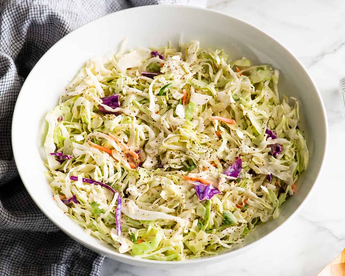 a large bowl of homemade coleslaw