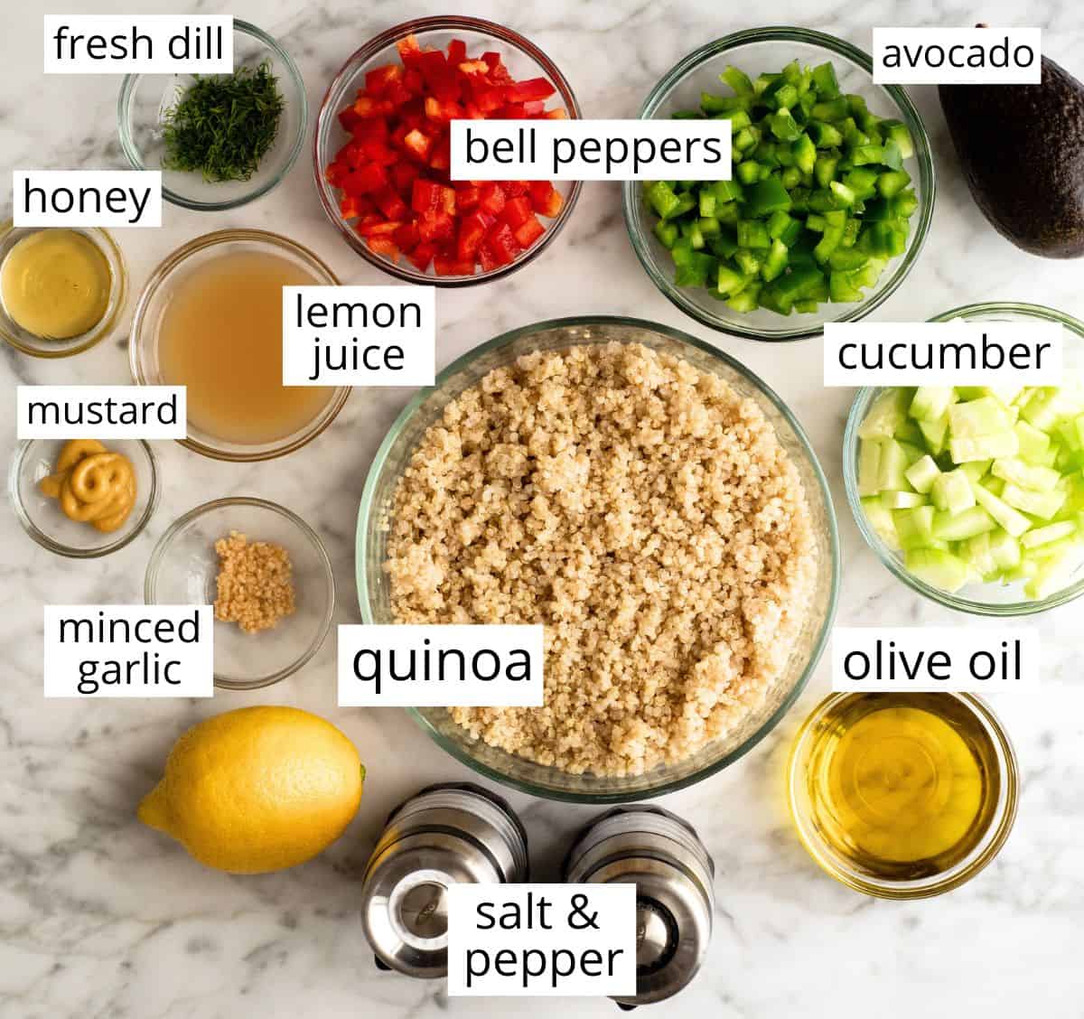 photo of the labeled ingredients in this quinoa salad recipe