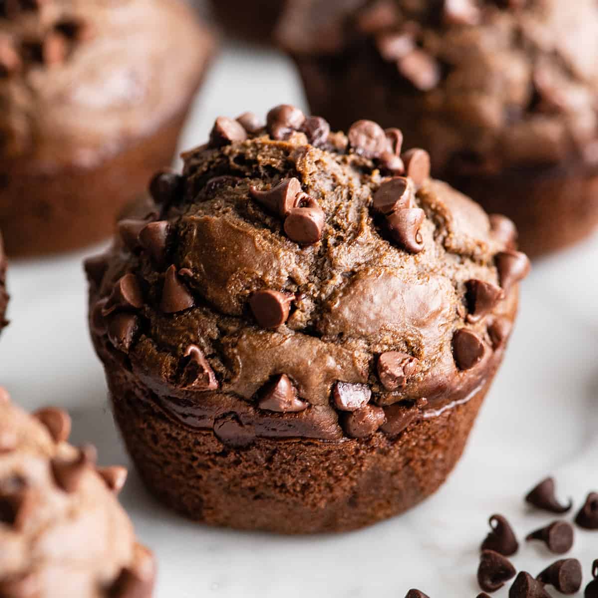 front view of a Healthy Chocolate Zucchini Muffin with chocolate chip