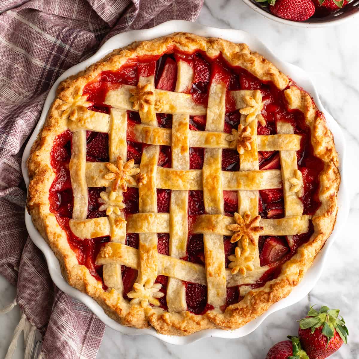 baked strawberry pie in a pie dish