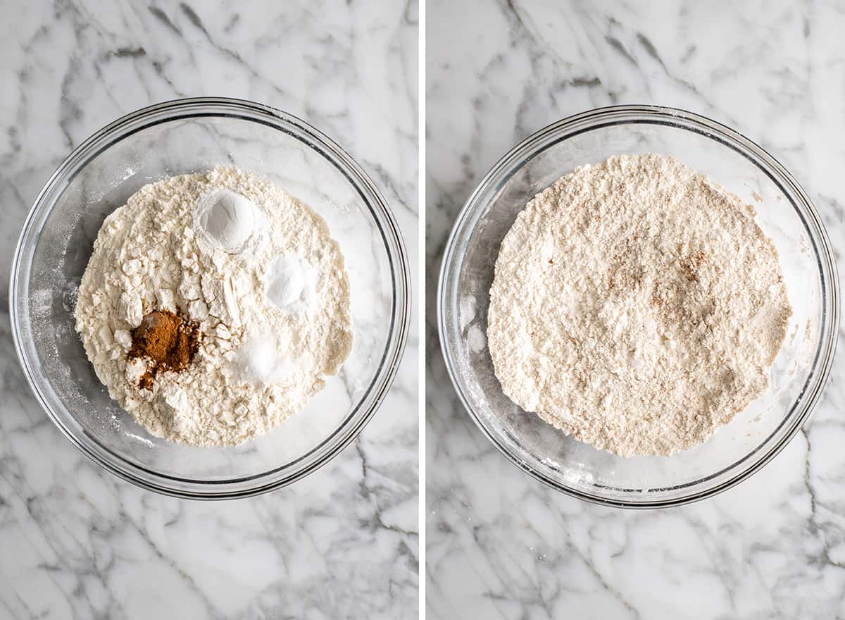two photos showing How to Make Banana Muffins - combining dry ingredients