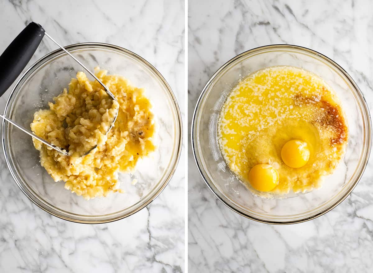 two photos showing How to Make Banana Muffins - combining wet ingredients