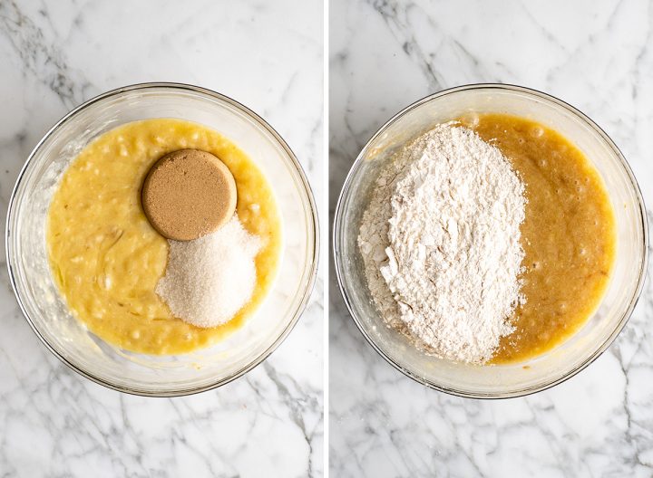 two overhead photos showing how to make banana muffins