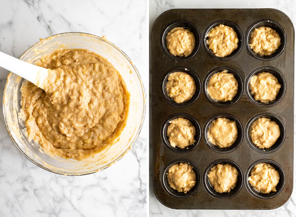 two overhead photos showing how to make banana muffins