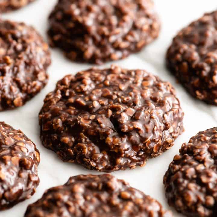 up close photo of a no bake cookie surrounded by 6 others