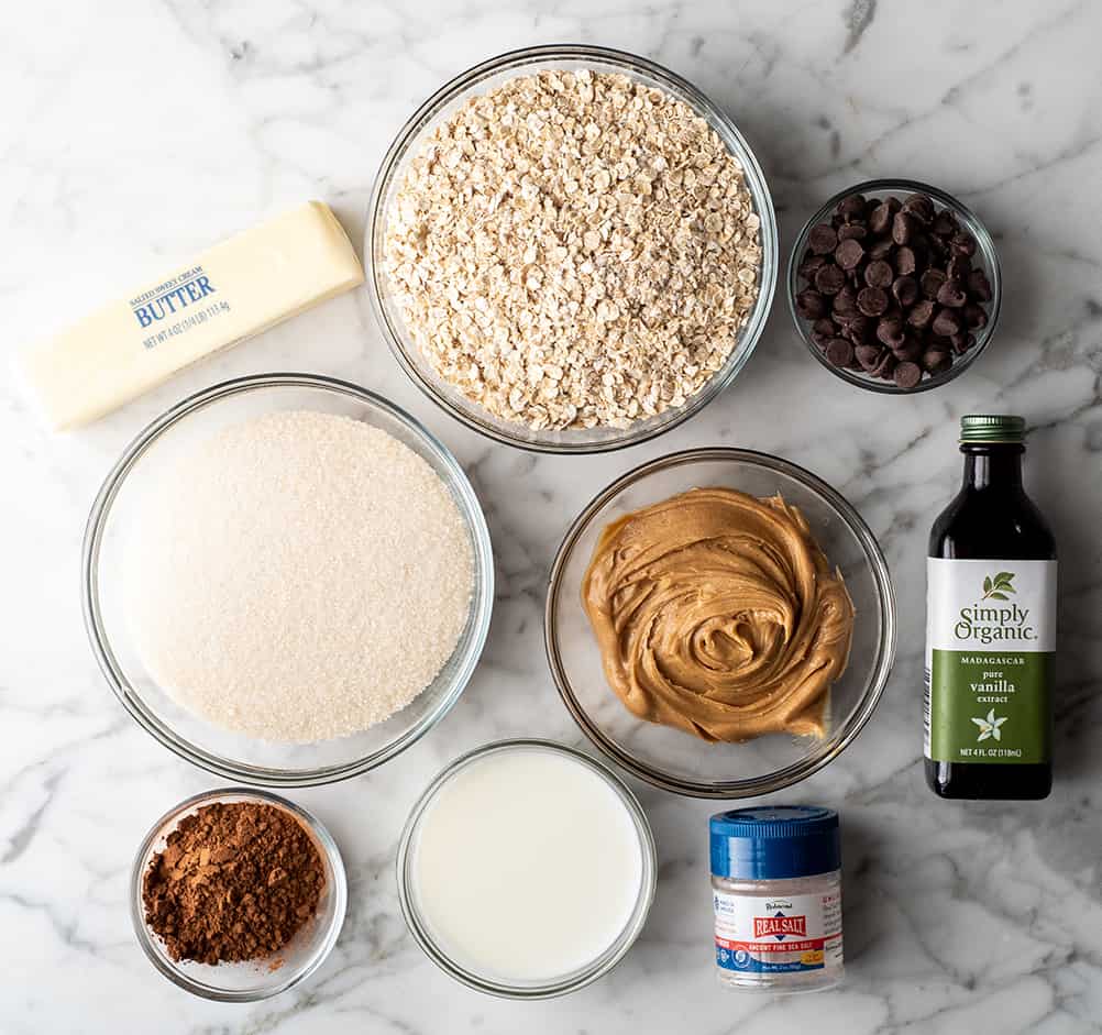 overhead view of the ingredients in this no bake cookies recipe