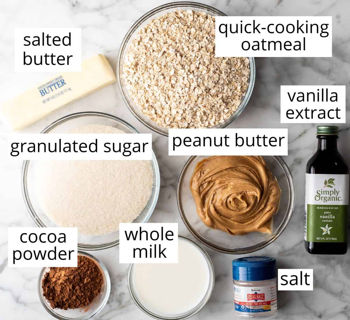 overhead photo of the labeled ingredients in this no bake cookies recipe