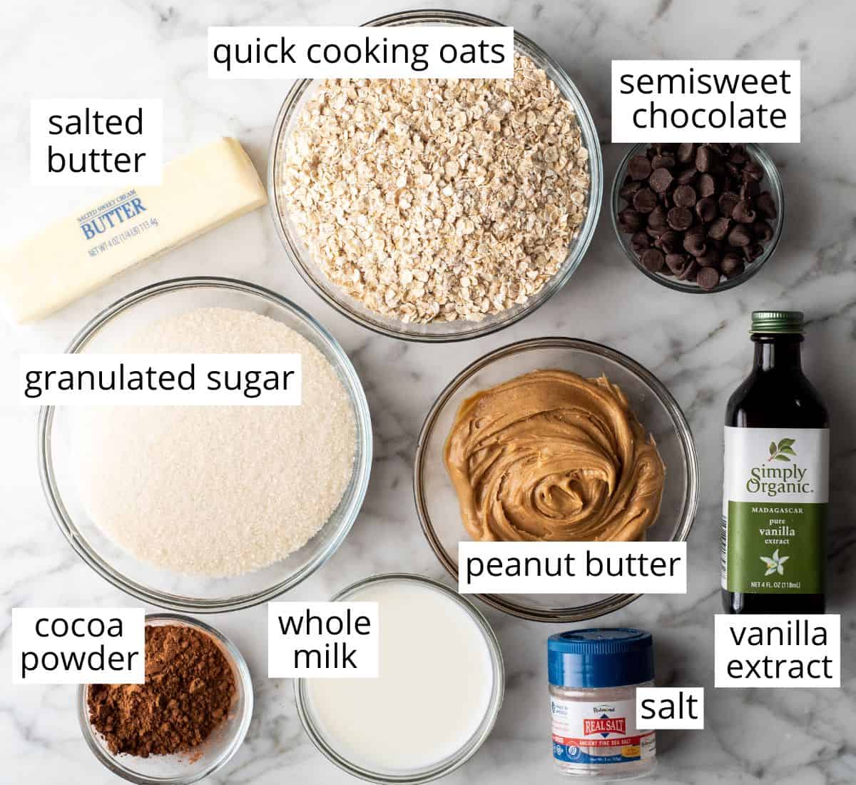overhead photo of the labeled ingredients in this no bake cookies recipe