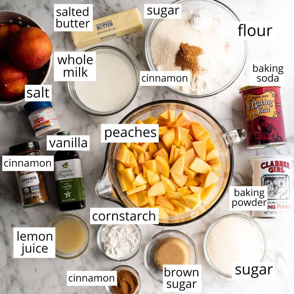 overhead photo of the labeled ingredients in this peach cobbler recipe