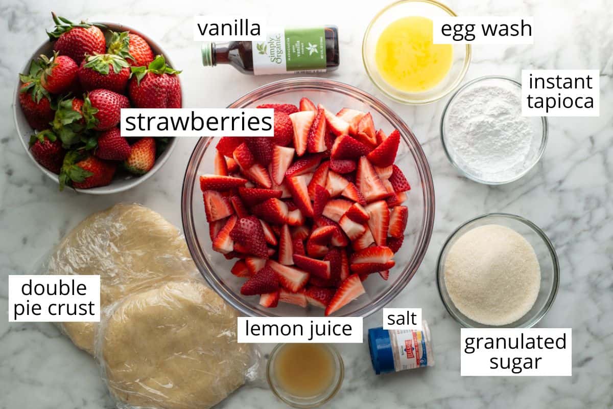 overhead photo of the labeled ingredients in this strawberry pie recipe