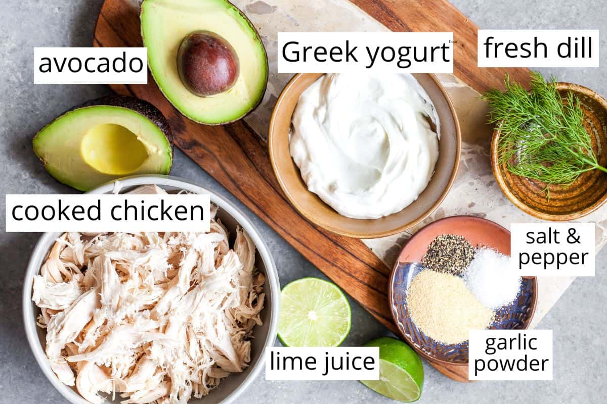 overhead view of the labeled ingredients in this Healthy Avocado Chicken Salad recipe