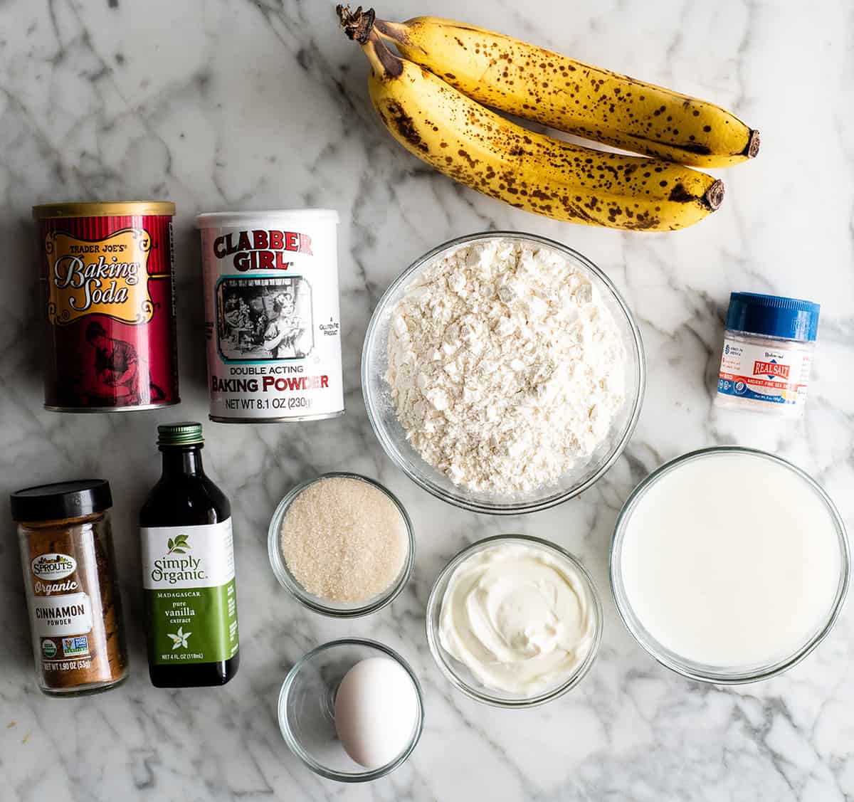 overhead view of the ingredients in this banana pancakes recipe