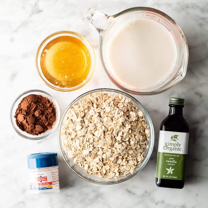 Overhead photo of the ingredients in this chocolate overnight oats recipe