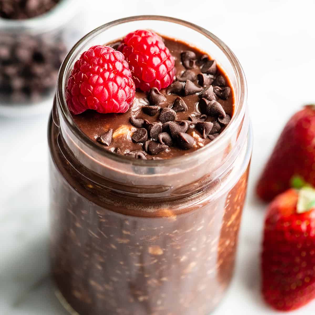 front view of a jar of chocolate overnight oats