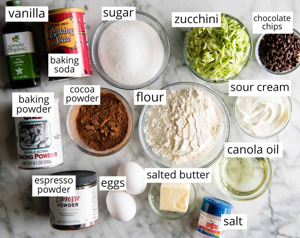 overhead view of the labeled ingredients in this chocolate zucchini cake recipe