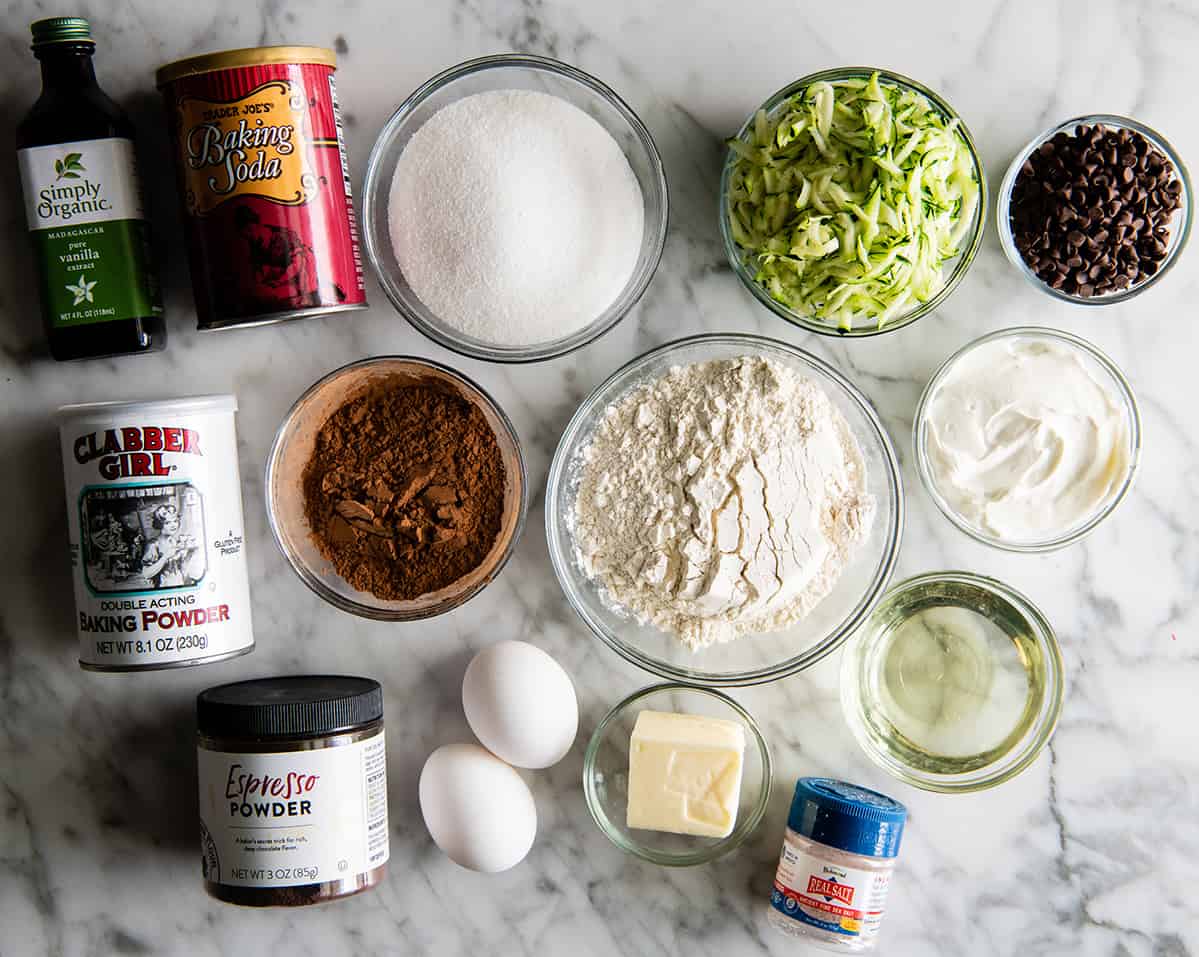 overhead view of the ingredients in this chocolate zucchini cake recipe