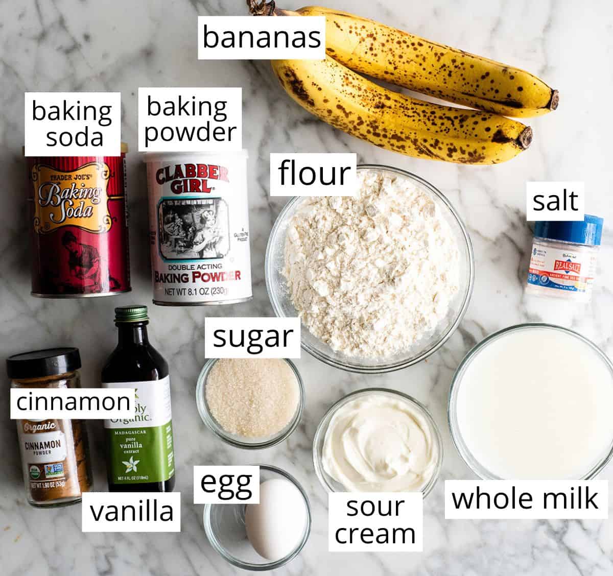 overhead view of the labeled ingredients in this banana pancakes recipe
