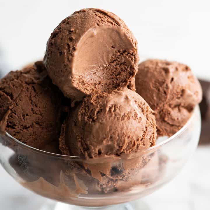Front view of 4 scoops of homemade chocolate ice cream in a bowl