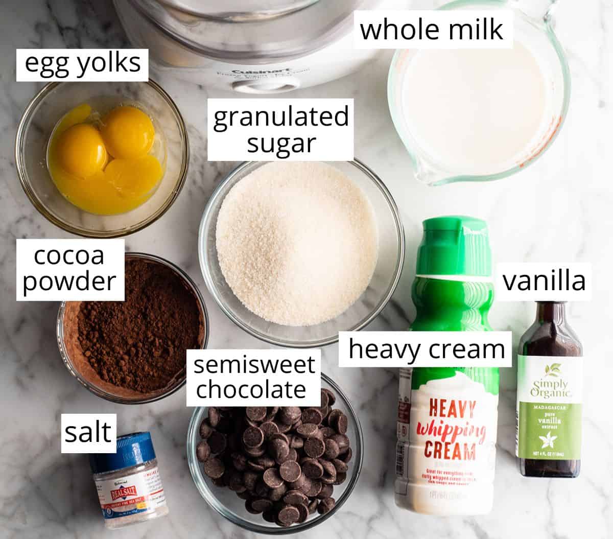 Overhead view of the labeled ingredients in this chocolate ice cream recipe