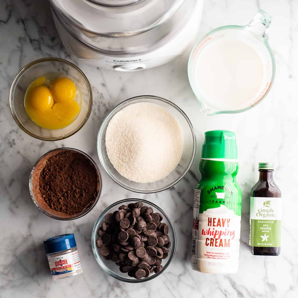 Overhead view of the ingredients in this chocolate ice cream recipe