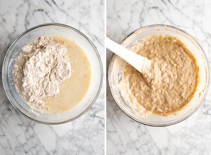 two overhead photos showing how to make banana pancakes