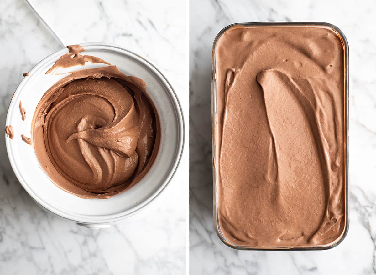 two photos showing how to make chocolate ice cream