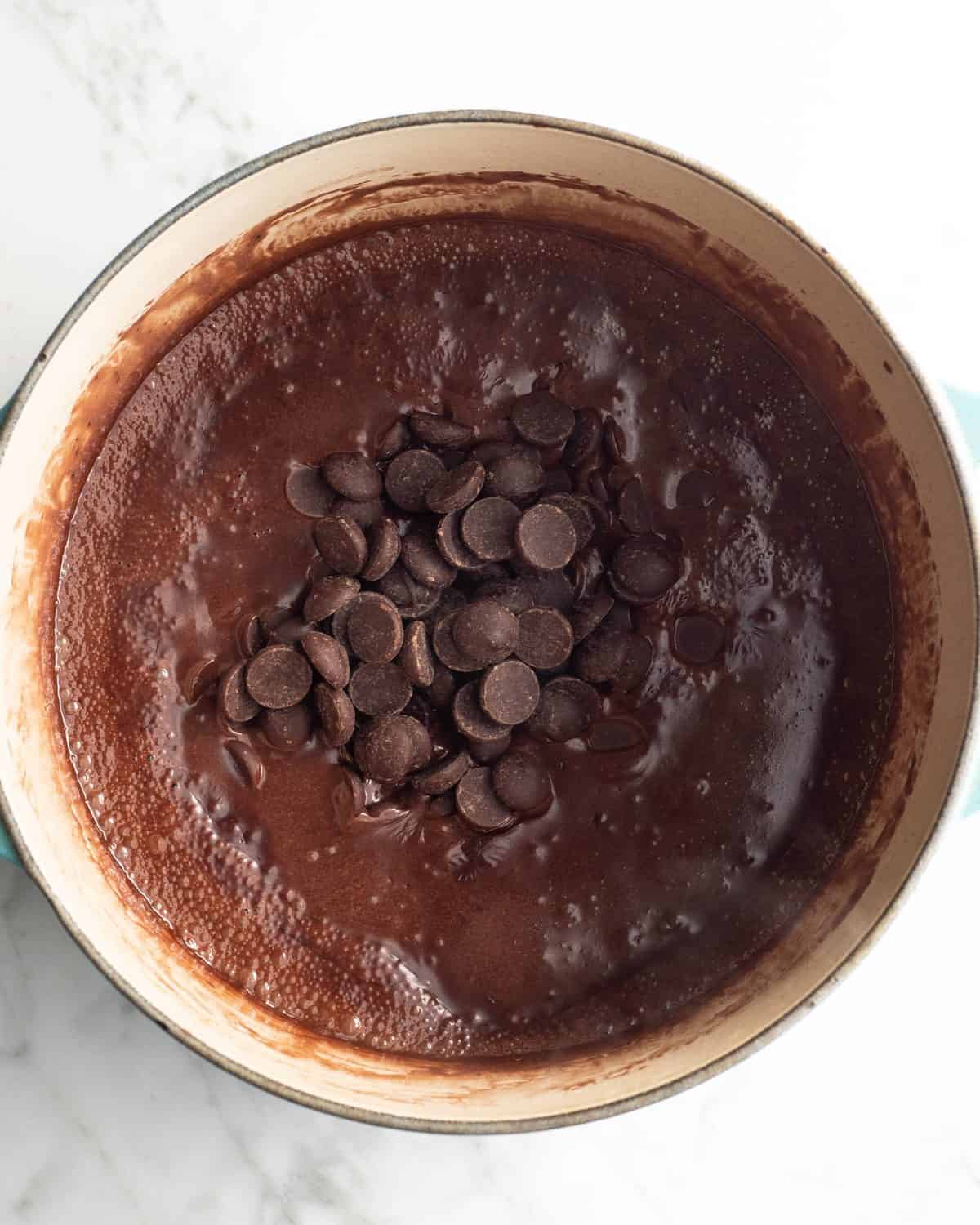 how to make chocolate ice cream - semisweet chocolate chips added to the cream/cocoa mixture in a pot