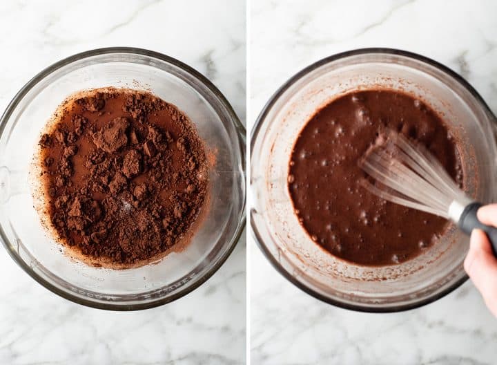 two overhead photos showing how to make chocolate overnight oats