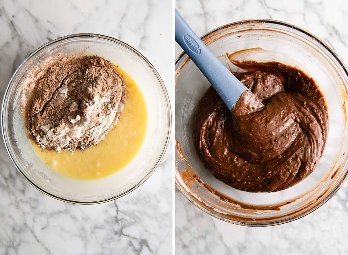 two overhead photos showing how to make chocolate zucchini cake