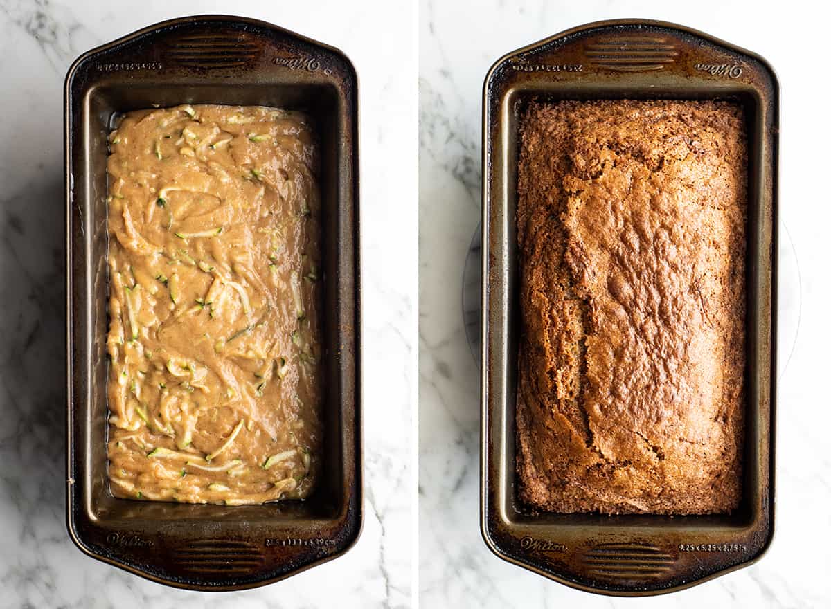 two overhead photos showing how to make zucchini bread
