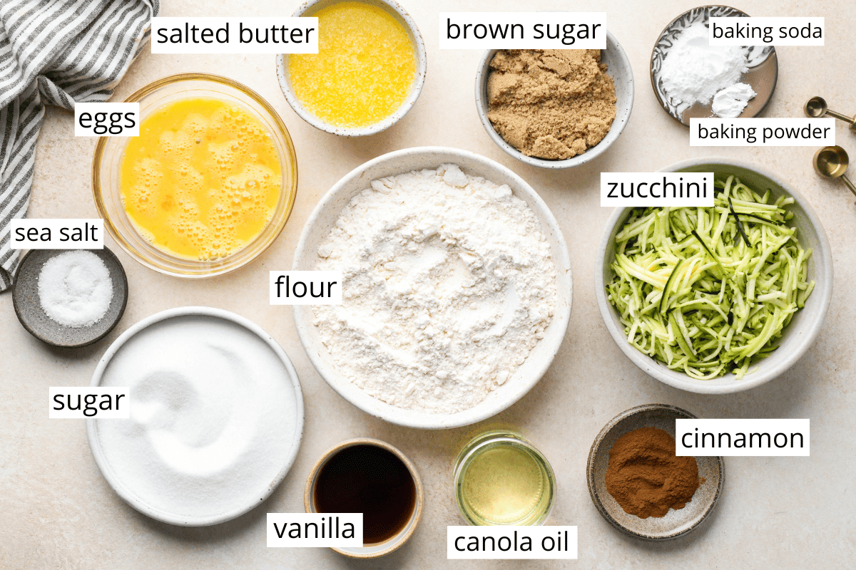 overhead view of the labeled ingredients in this zucchini bread recipe