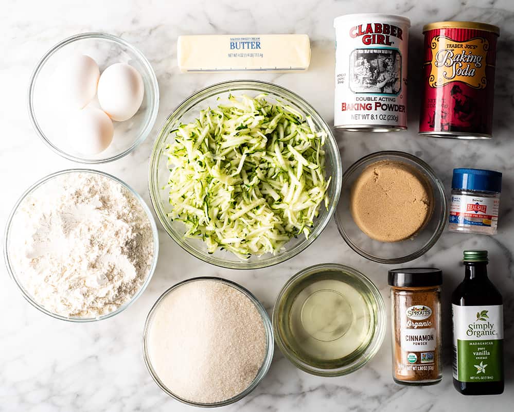 overhead view of the ingredients in this zucchini bread recipe