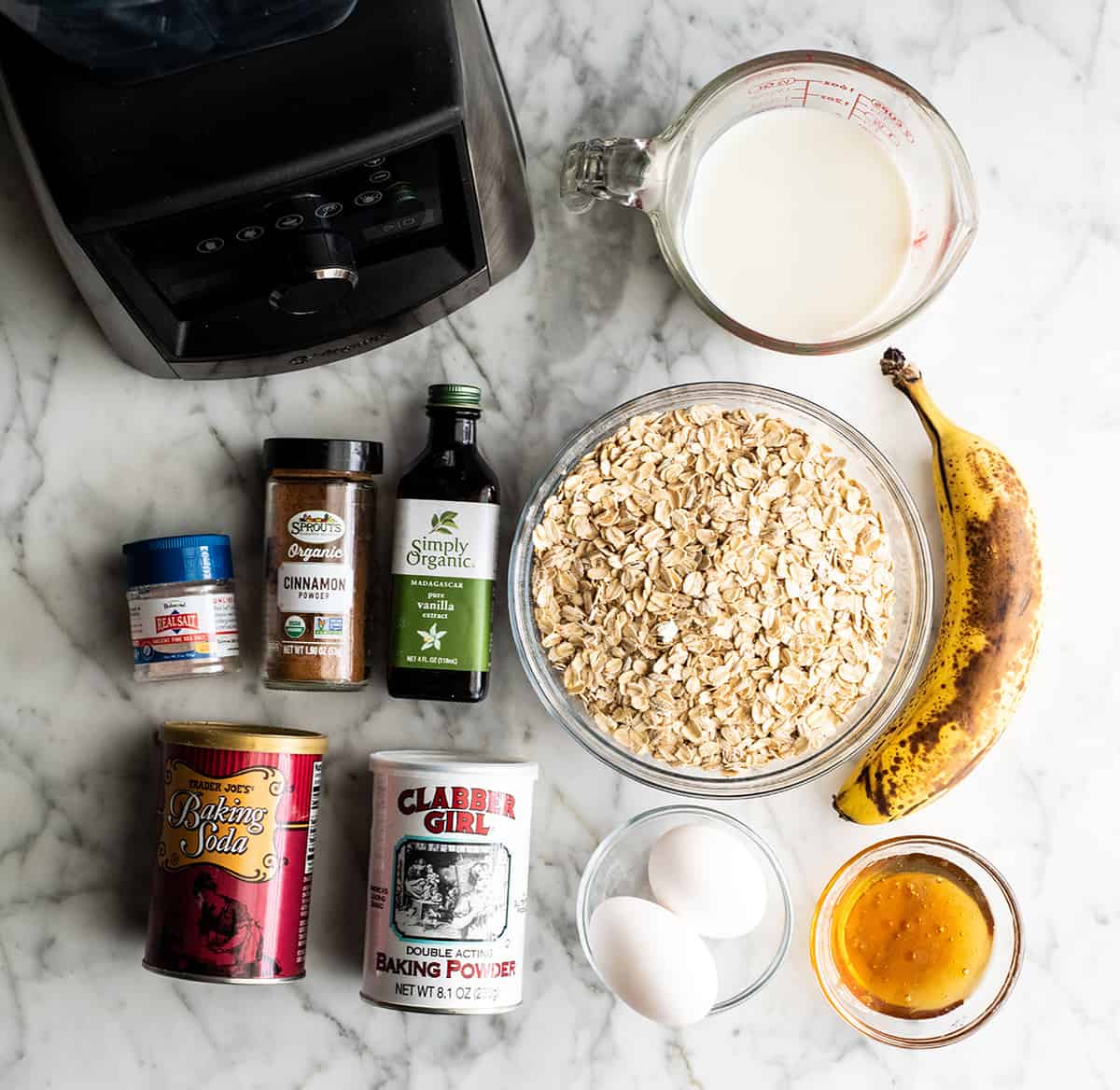 overhead view of the ingredients in this banana oatmeal pancakes recipe