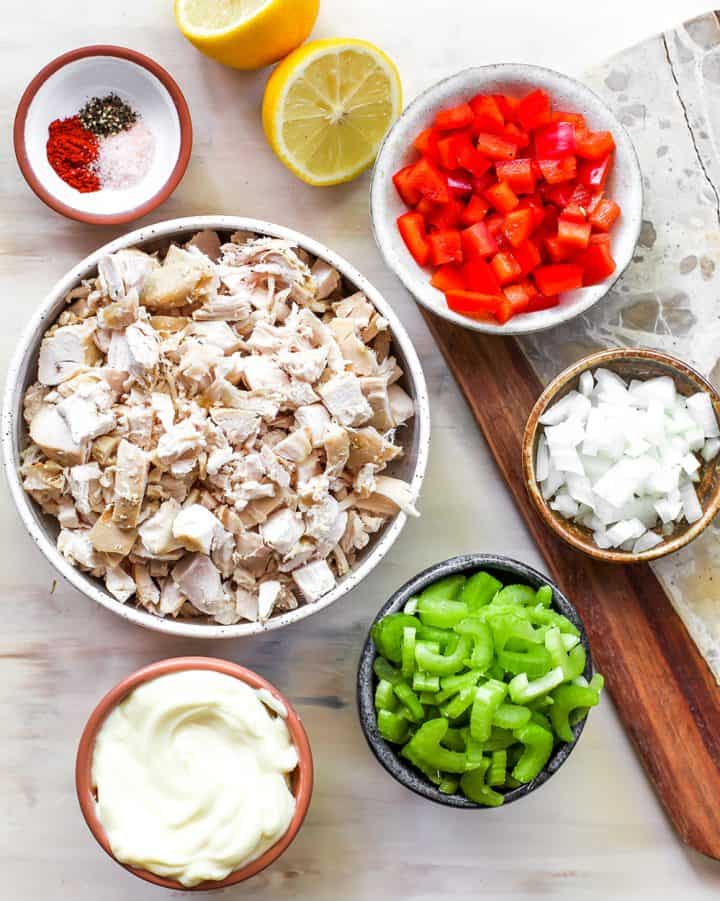 Overhead photo of the ingredients in this chicken salad recipe