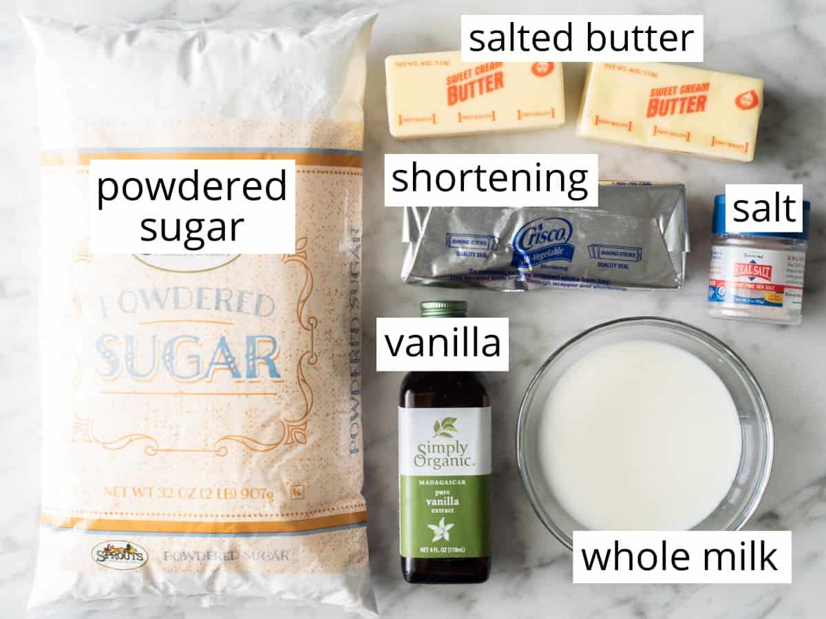 overhead view of the labeled  ingredients in this homemade vanilla frosting recipe