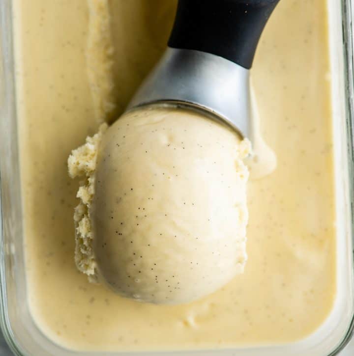 up close overhead photo of vanilla bean nice cream being scooped