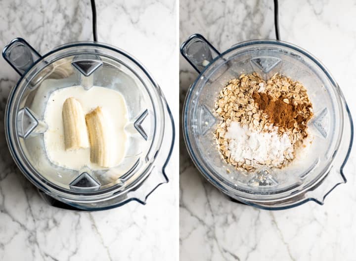 two overhead photos showing how to make banana oatmeal pancakes in a blender