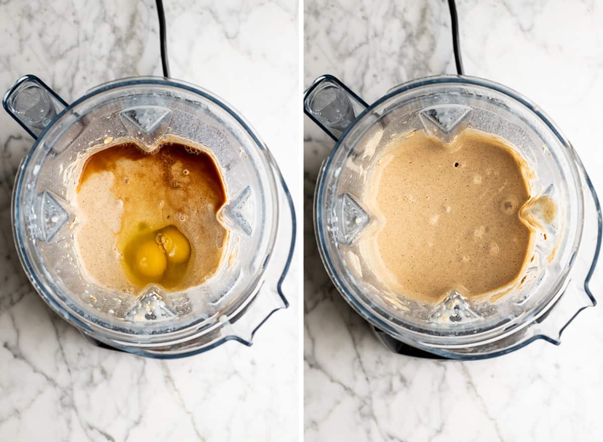 two overhead photos showing how to make oatmeal pancakes in a blender