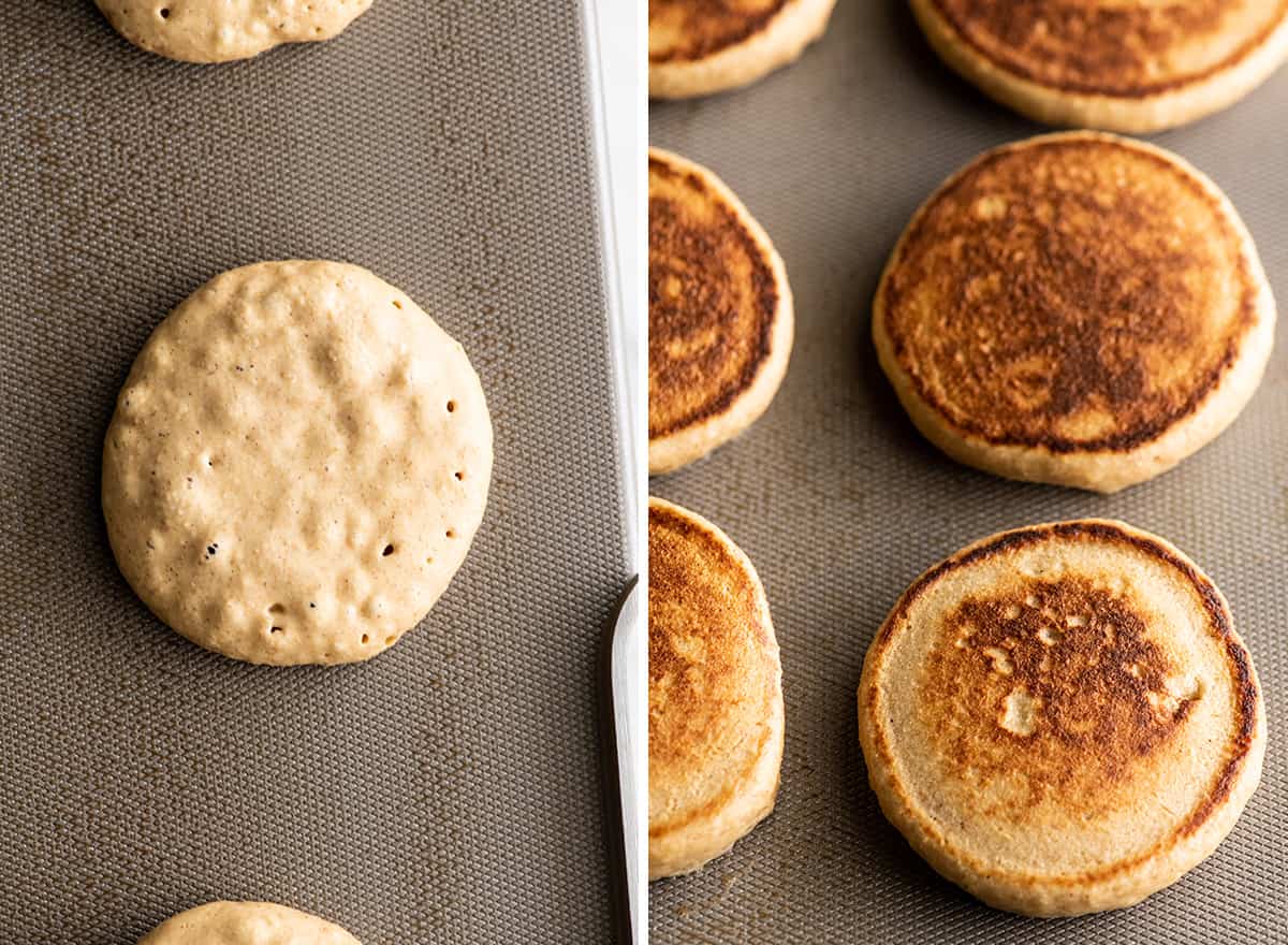 two photos showing how to make banana oatmeal pancakes on a griddle