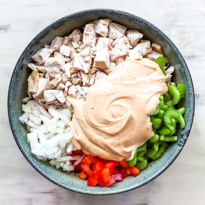 overhead photo showing how to make chicken salad