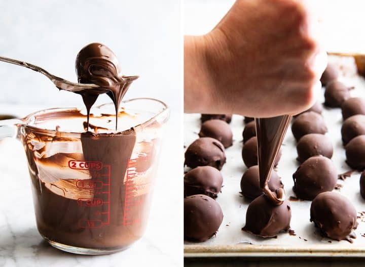 two photos showing how to make Oreo balls