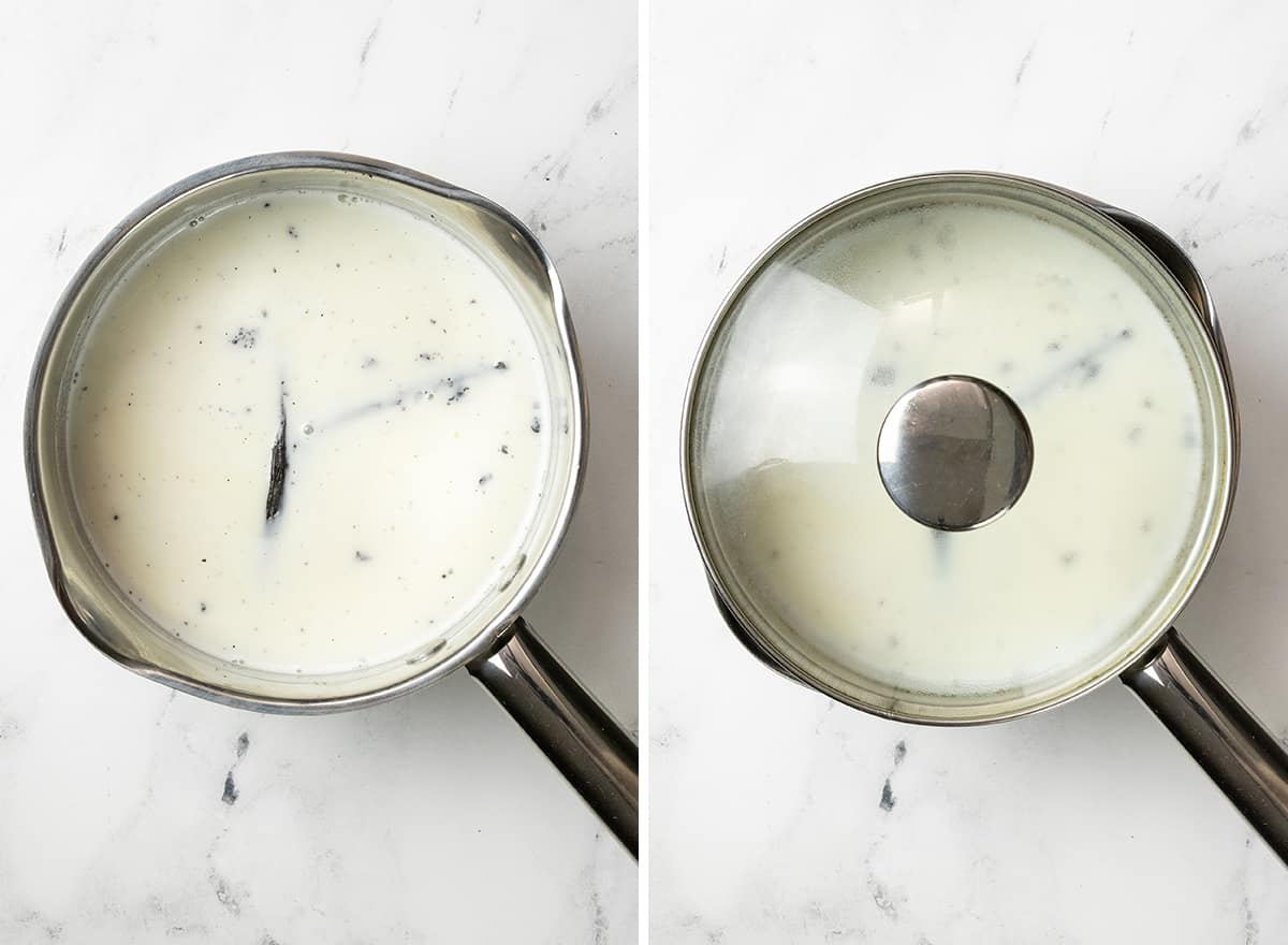 two overhead photos showing how to make vanilla ice cream