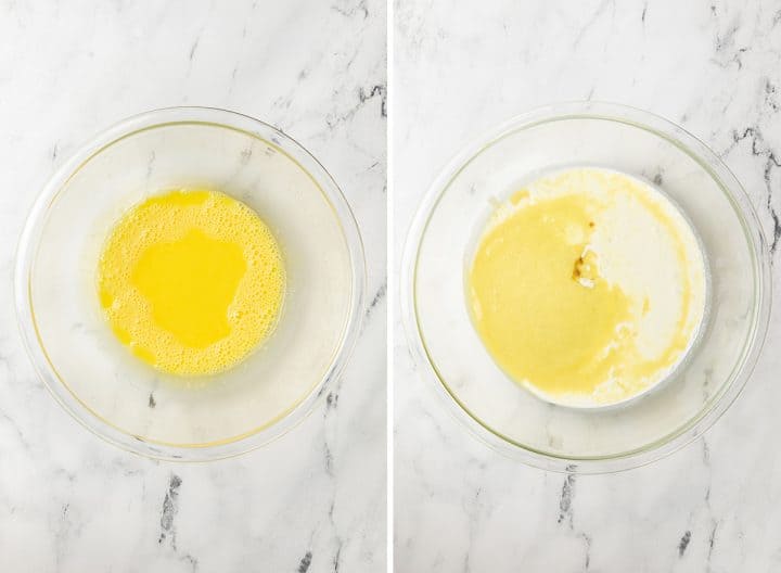 two overhead photos showing how to make vanilla ice cream
