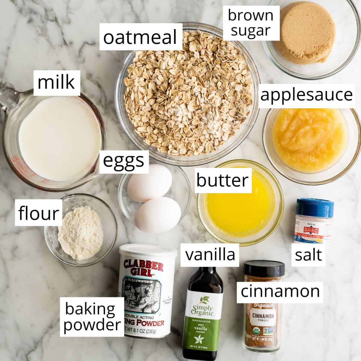 overhead view of the labeled ingredients in this Baked Oatmeal Recipe