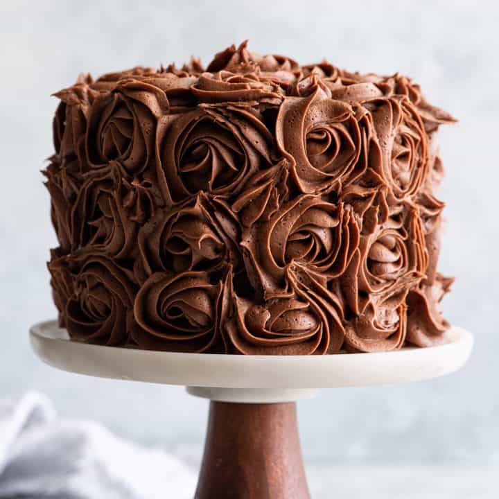 front view of a chocolate cake with chocolate frosting 